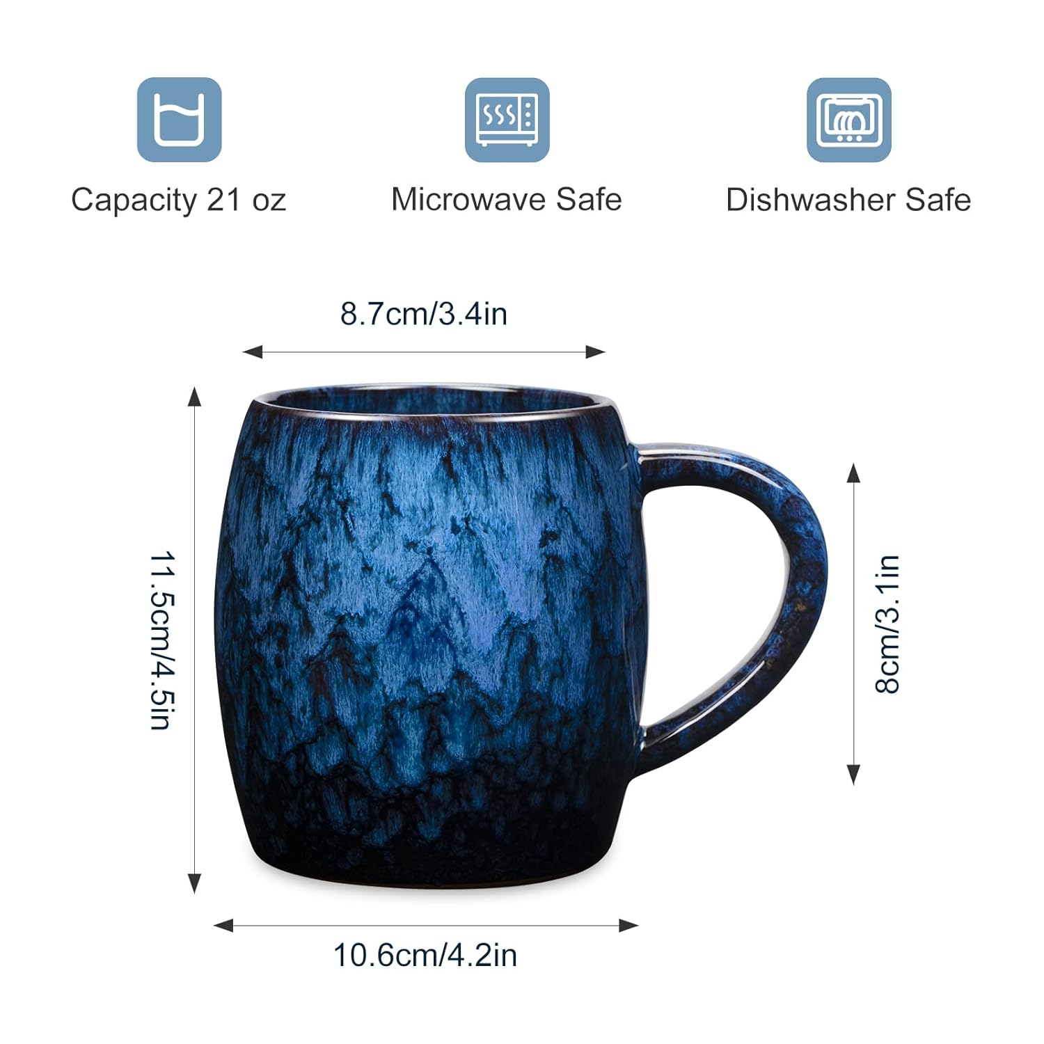 21 Oz Large Ceramic Coffee Mug, Handmade Pottery Big Tea Cup for Office and Home, Big Handle Hot and Cold Drinking, Microwave and Dishwasher Safe, Unique Texture Glaze (Deep blue)
