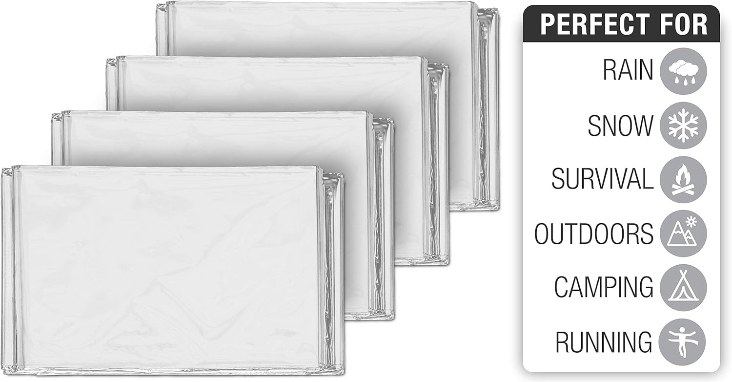 Swiss Safe Emergency Mylar Thermal Blankets Premium 12-Micron 52" X 82" Silver 10-Pack