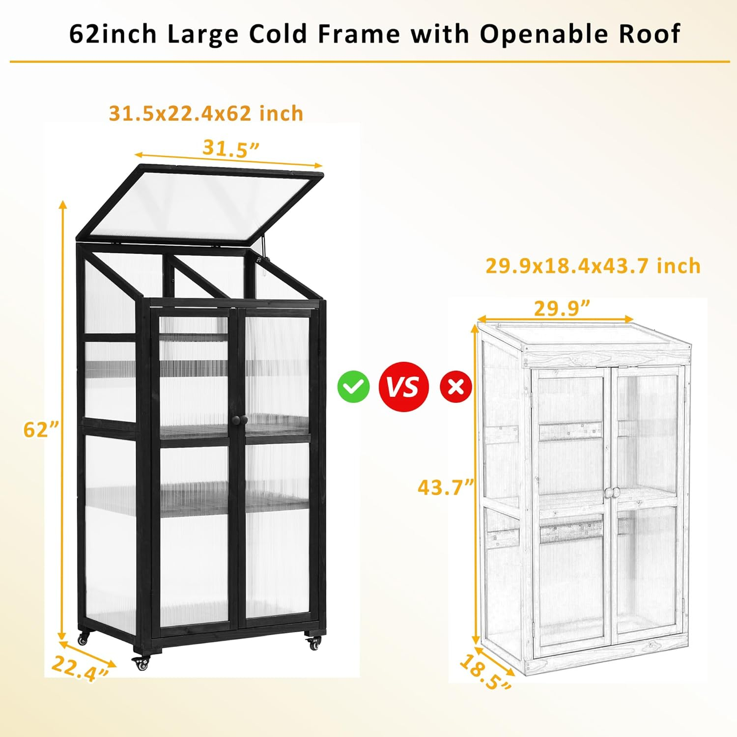 Polibi Wooden Greenhouse, Cold Frame Portable Greenhouse with Wheels and Adjustable Shelves for Indoor Outdoor Patio Balcony Garden, 31.5" Lx22.4 Wx62 H, Black