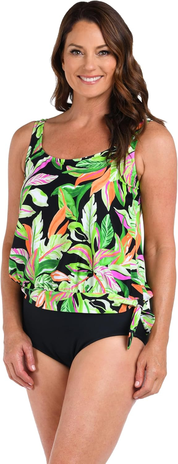 Maxine of Hollywood Women's Standard Side Tie Scoop Neck Banded Tankini Swimsuit Top, Multi//Rainforest Rainbow