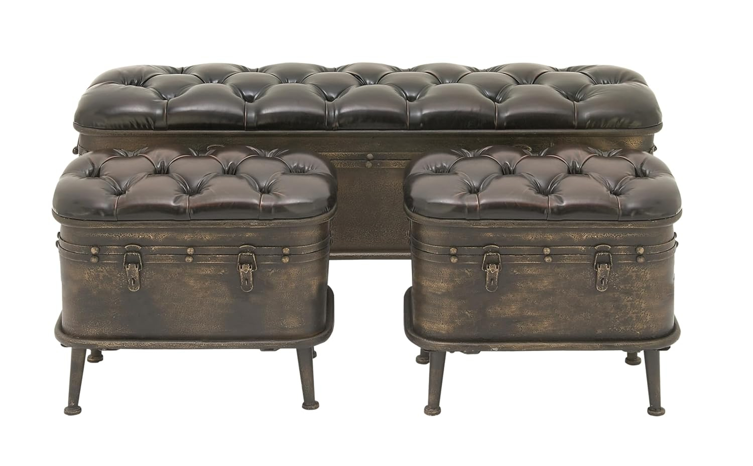 DecMode Metal Storage Bench with Tufted Faux Leather, Brown, Set of 3