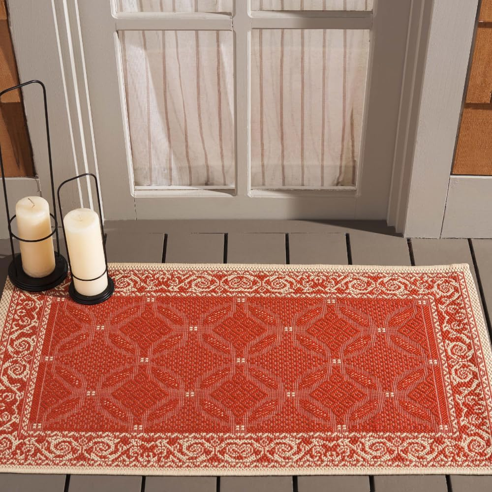 SAFAVIEH Courtyard Gaus Oriental Indoor/Outdoor Area Rug, Red/Natural, 2' x 3'7"