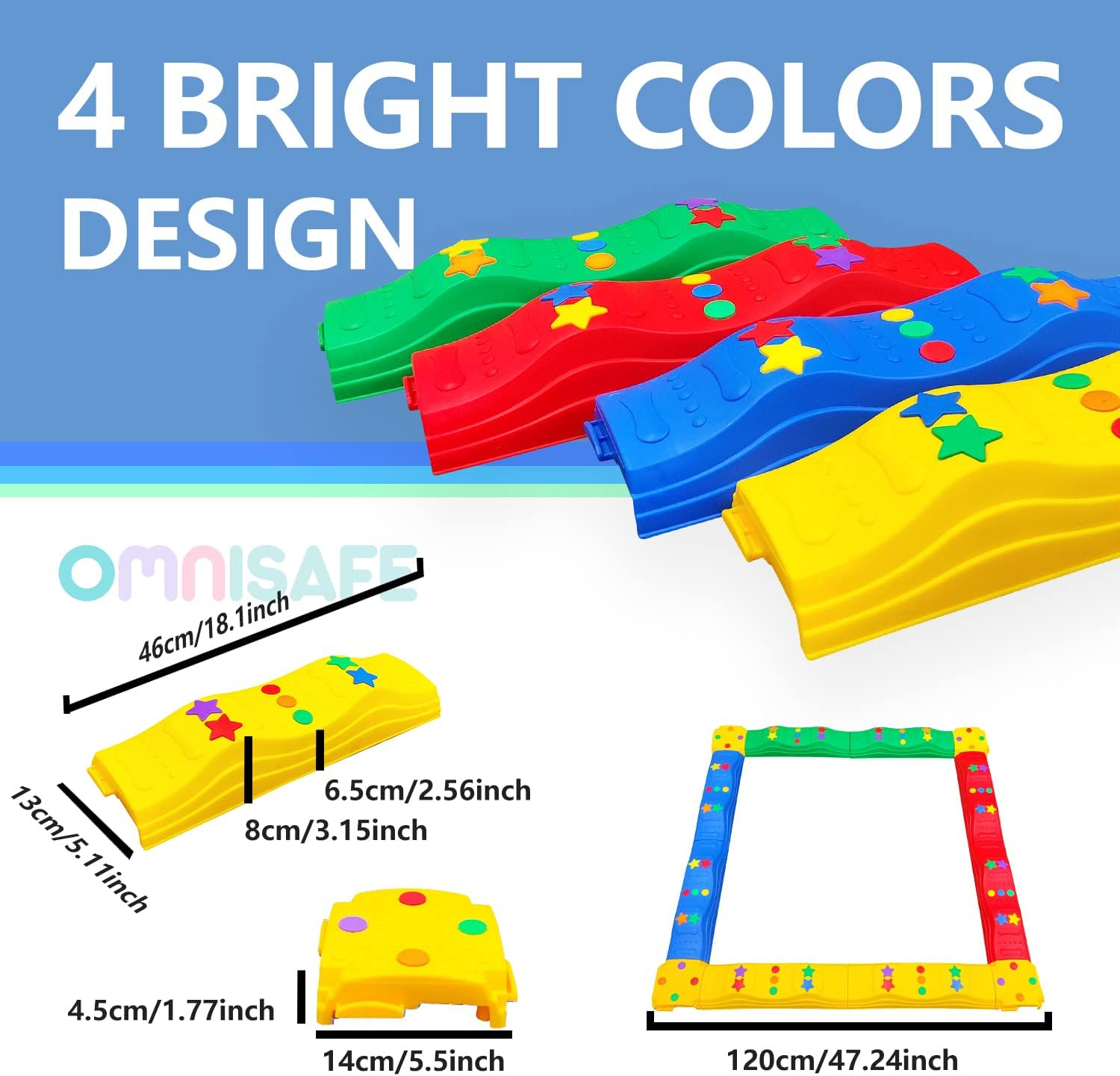 Colored Balance Beams for Kids, Wavy Toddler Stepping Stones, 8 Pcs, Non-Slip Surface and Rubber Edges, Promote Agility, Strength, Coordination