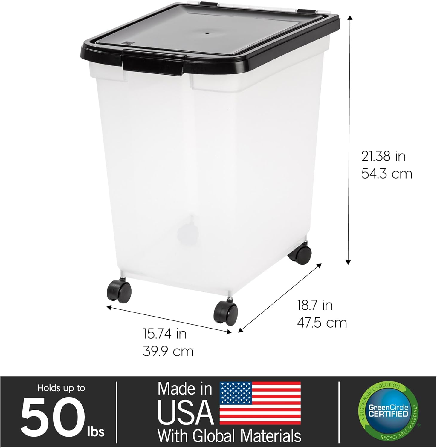 IRIS USA Airtight Dog Food Storage Container, WeatherPro, Up to 50 lbs, Removable Wheels, for Dog Cat Bird and Other Pet Food Storage Bin, Keep Fresh, Translucent Body, Made in USA, Clear/Black