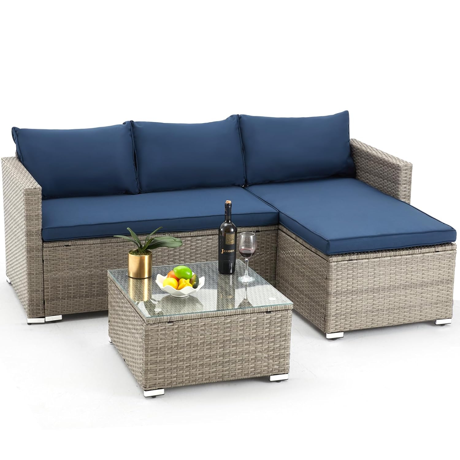 AVAWING Outdoor Patio Furniture Sets, All-Weather Sectional Sofa with Tempered Glass Table, 3 Pieces Patio Wicker Couch with Washable Cushions for Garden, Backyard and Porch （Blue）
