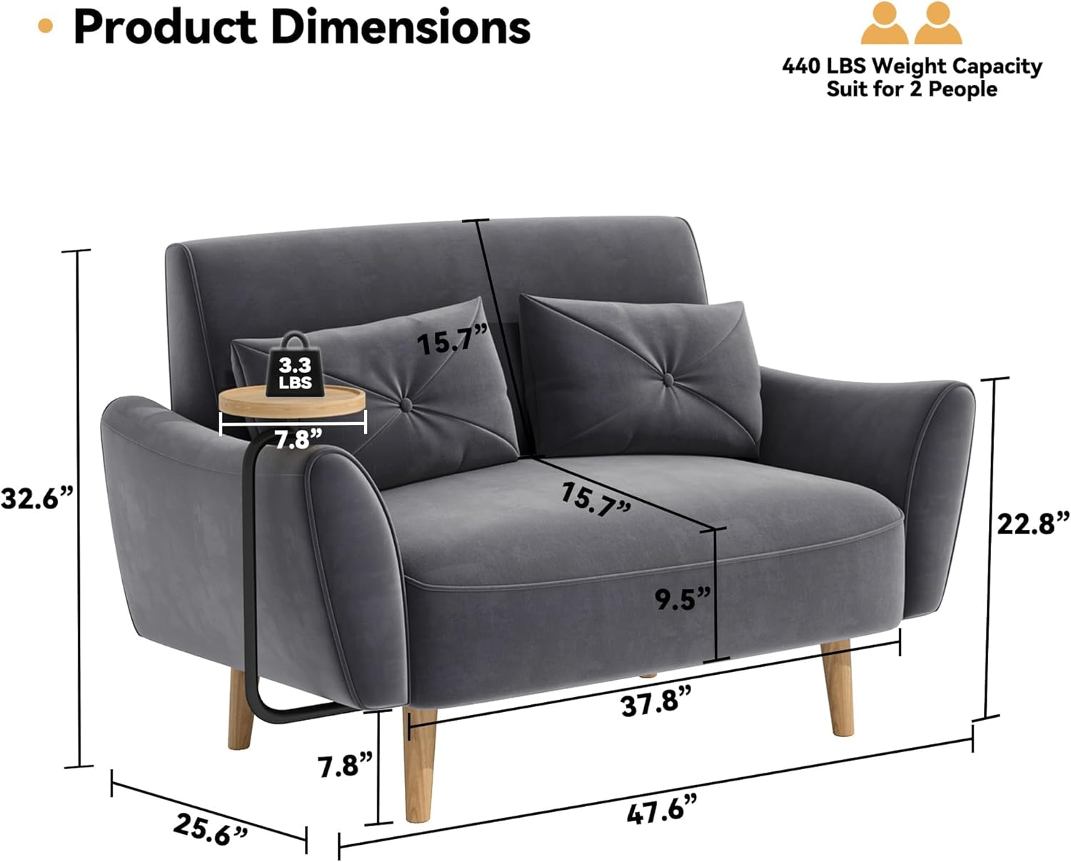 48" Loveseat Sofa，Small Sofas for Small Spaces，with 2 Pillows Convertible Sofa，for Living & Room，Children's Room，Apartment, Studio, Grey