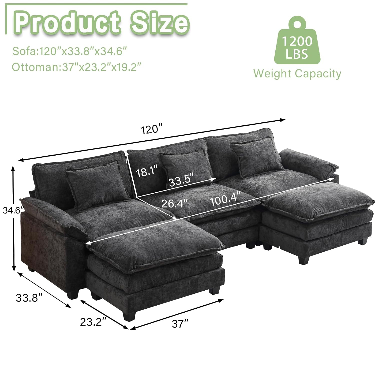 L Shape Sofa Comfy Sectional Cloud Couch for Living Room with Pillows, Modern Chenille Sofa Sleeper Deep Couches with Ottoman (Black, 4-Seat)