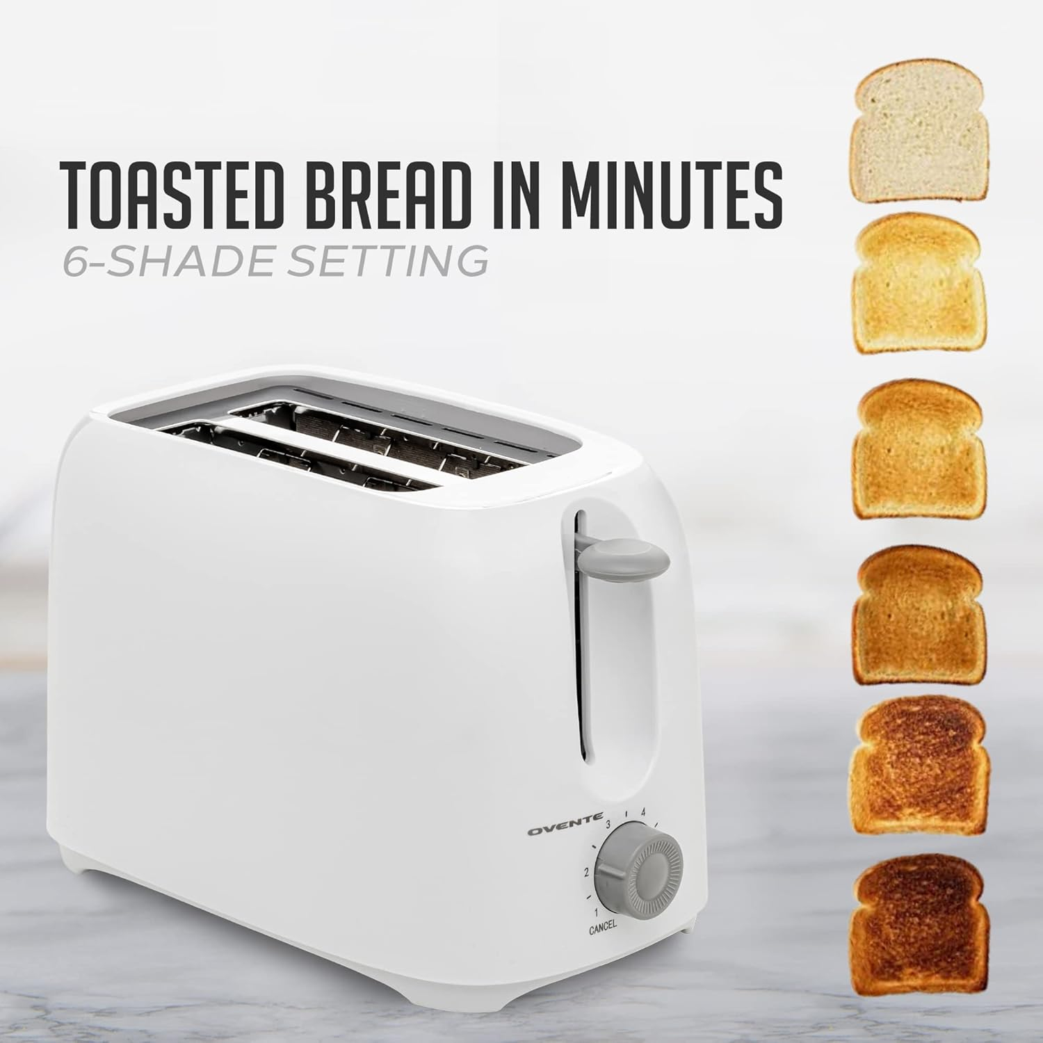 OVENTE Electric 2 Slice Toaster, 6 Shade Toast Settings, Removable Crumb Tray, White TP2210WGY