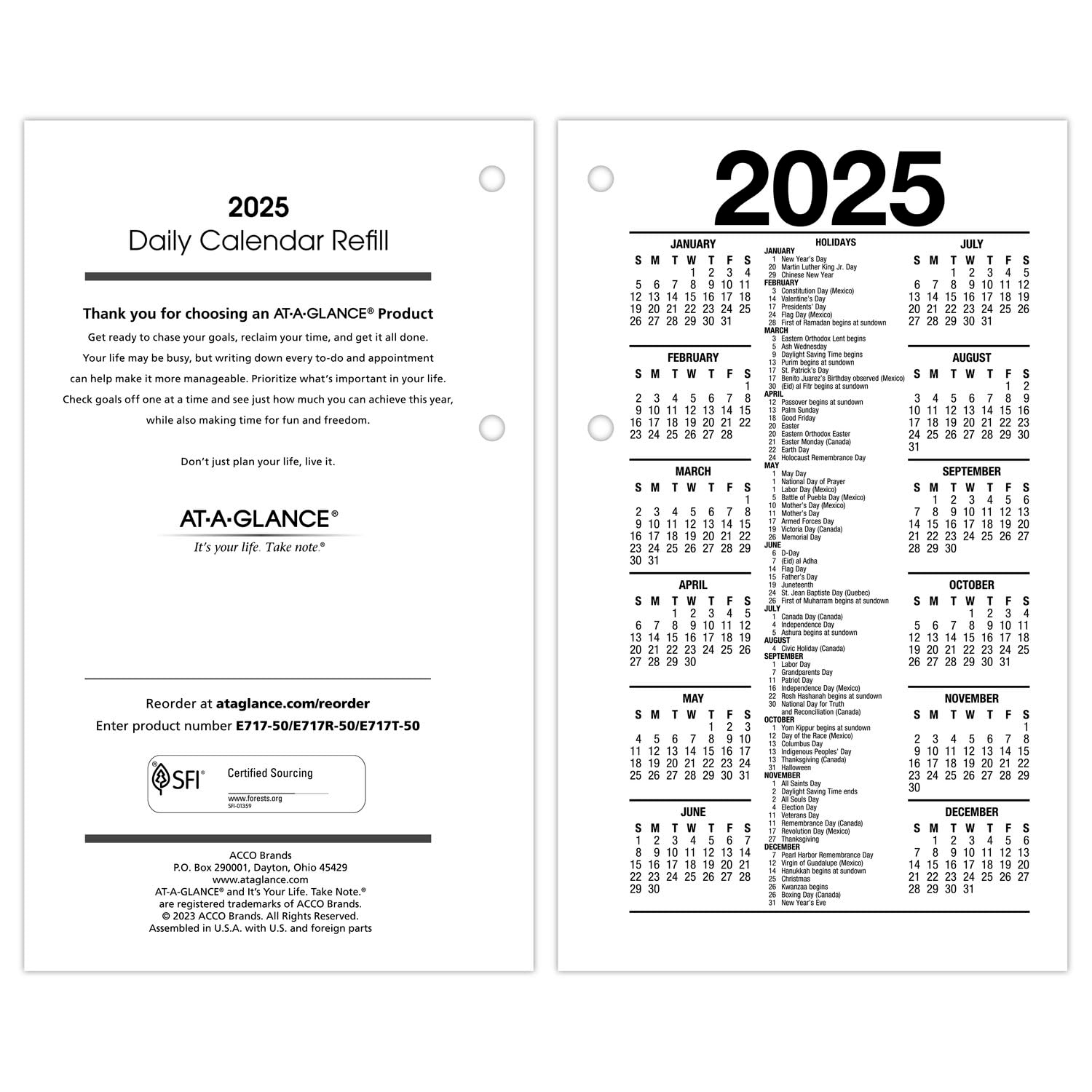 AT-A-GLANCE 2025 Daily Loose-Leaf Desk Calendar Refill Standard 3 12 x 6 - Desk