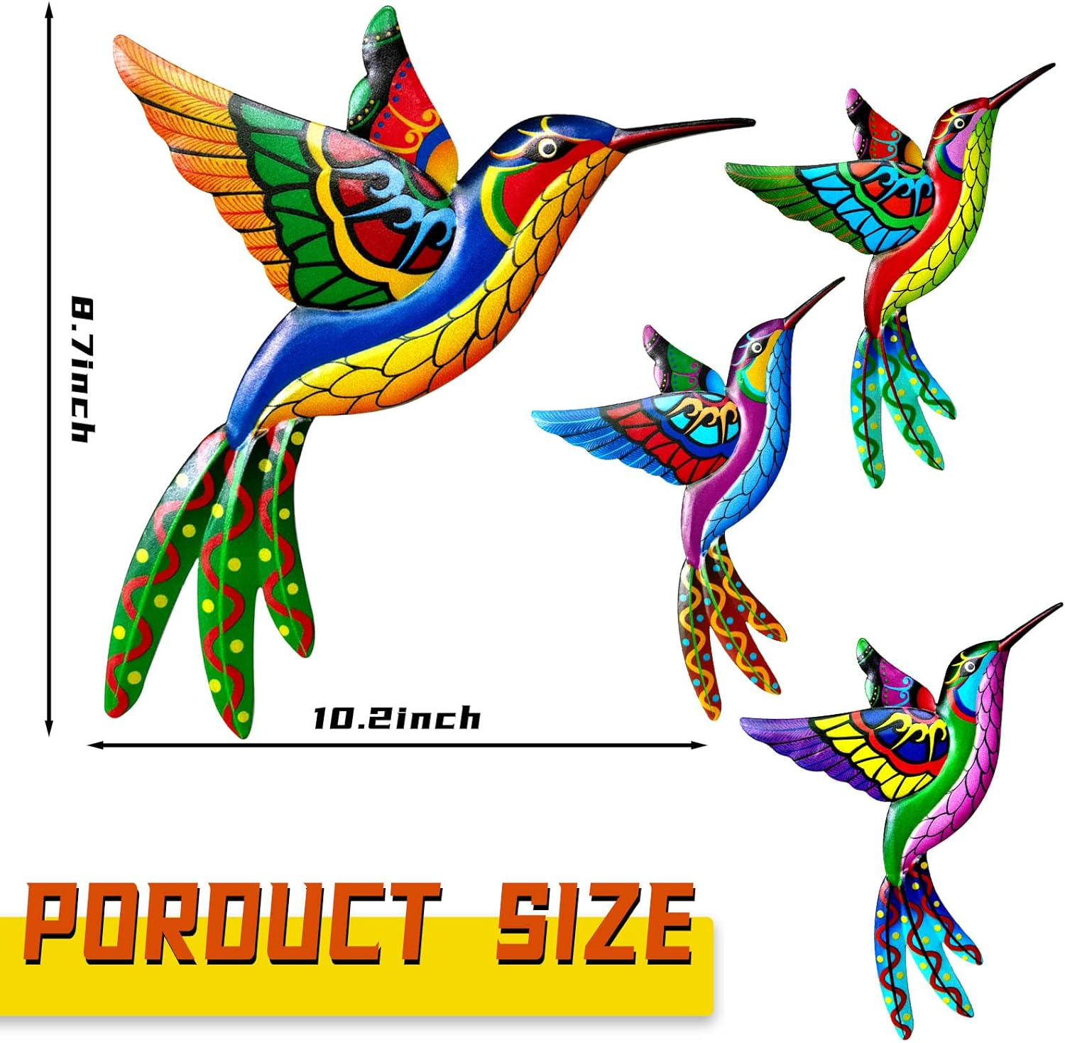 4× Metal Hummingbird Wall Art Decor Colorful Birds 3D Outdoor Sculpture Iron