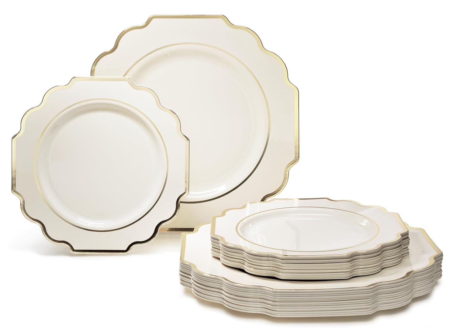 Imperial Ivory and Gold Disposable Plastic Wedding Plates Set