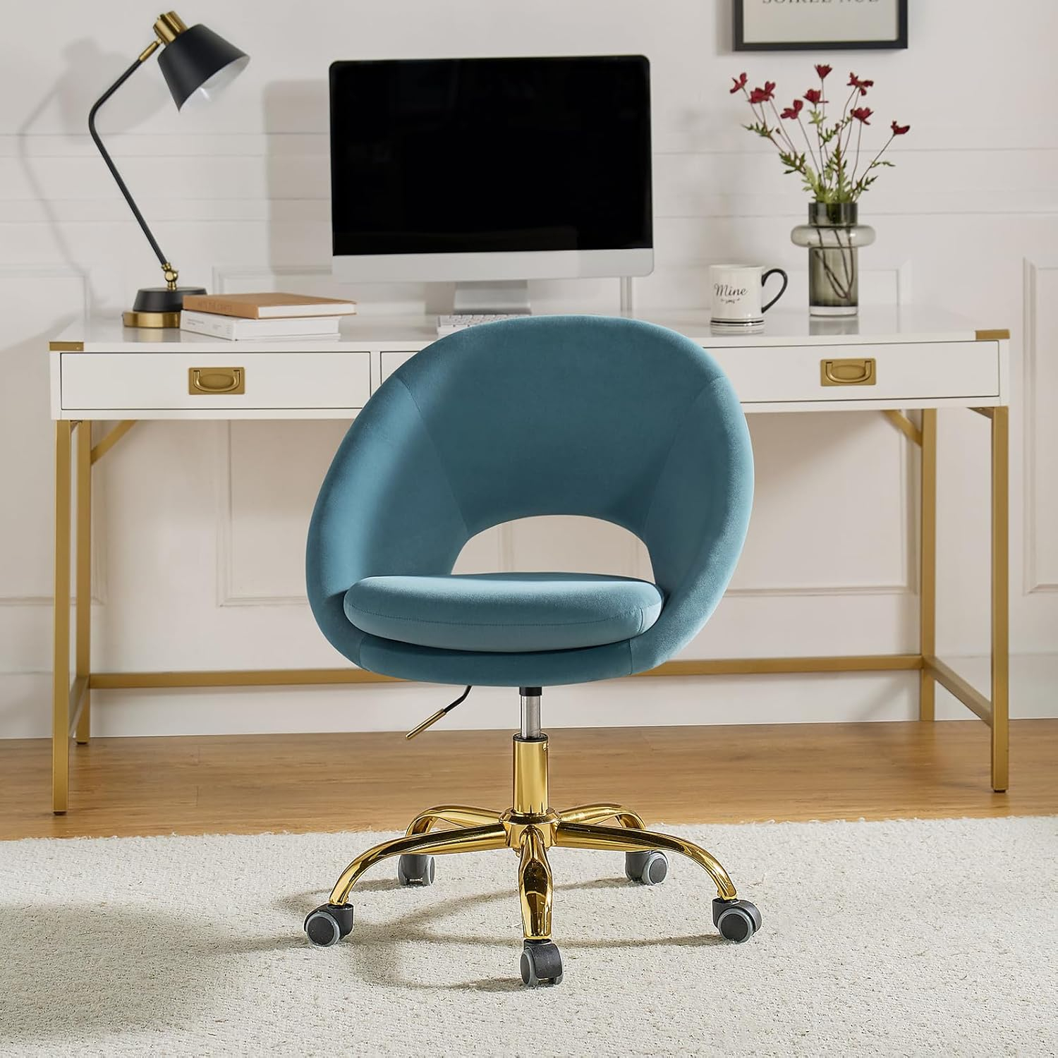 Velvet Swivel Rolling Home Office Chair Adjustable Desk Chair Fuchsia