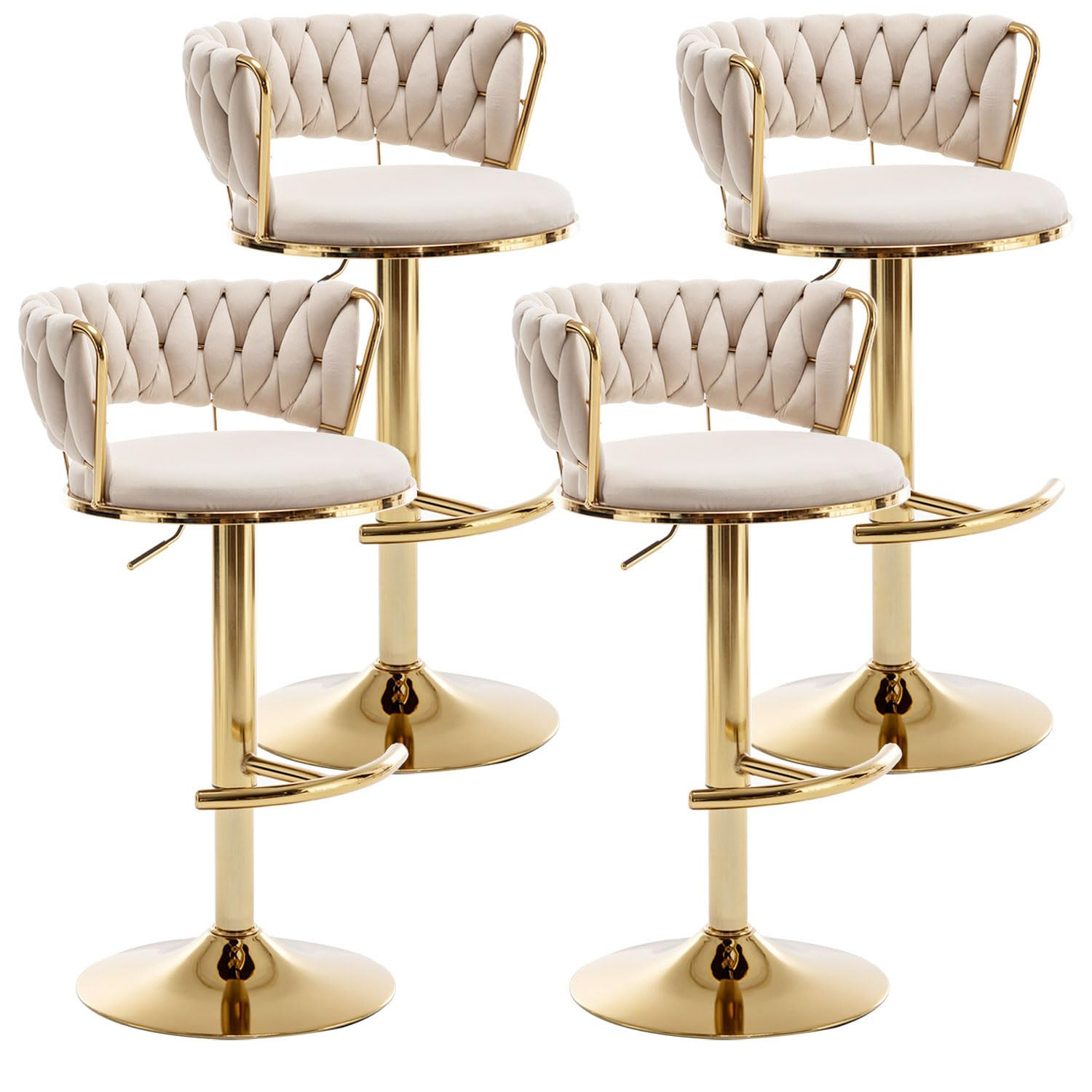 Gold Velvet Bar Stools Set of 4, Counter Height Bar Chairs with Low Back, Swivel Bar Stool for Kitchen Island, Bar Pub (Beige)