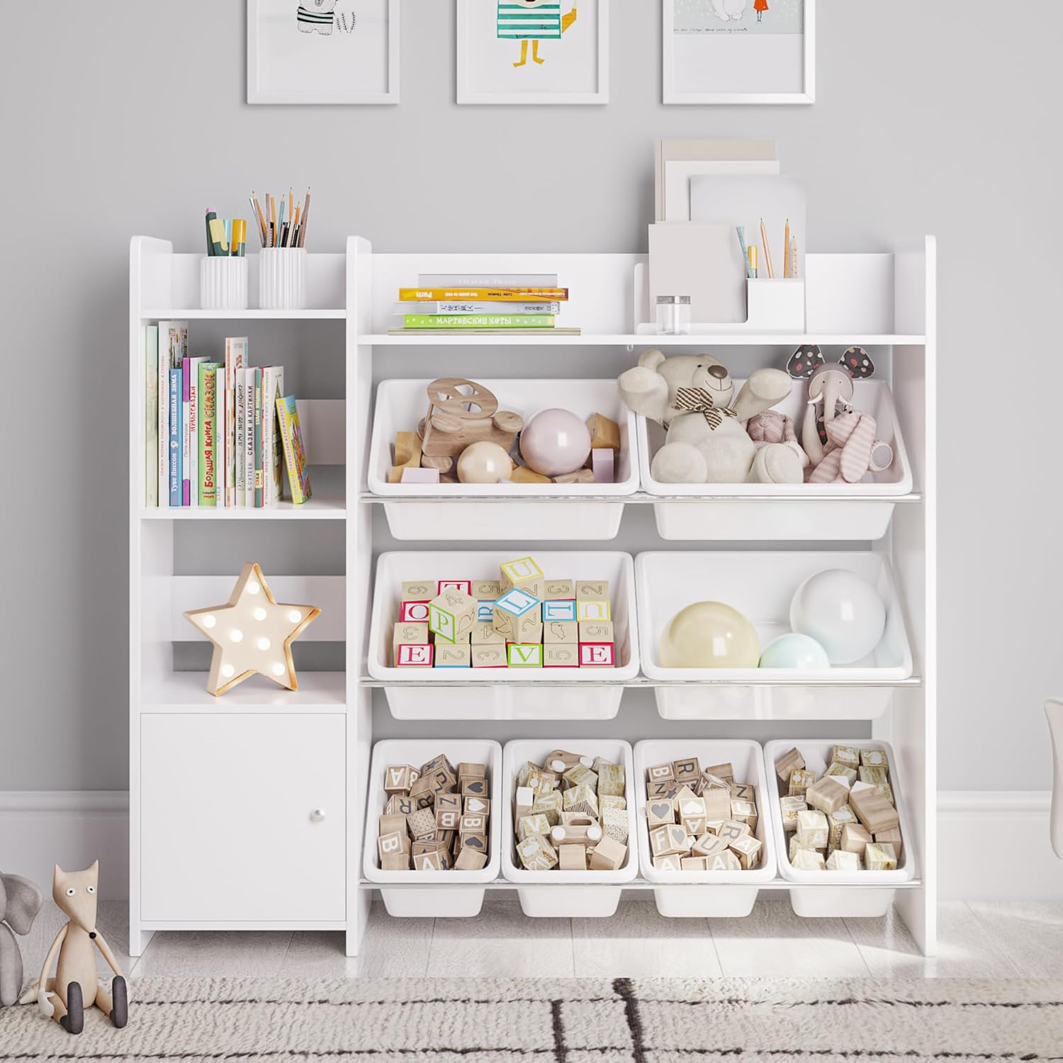Sturdis Kids Toy Storage Organizer With Bookshelf and White Bins