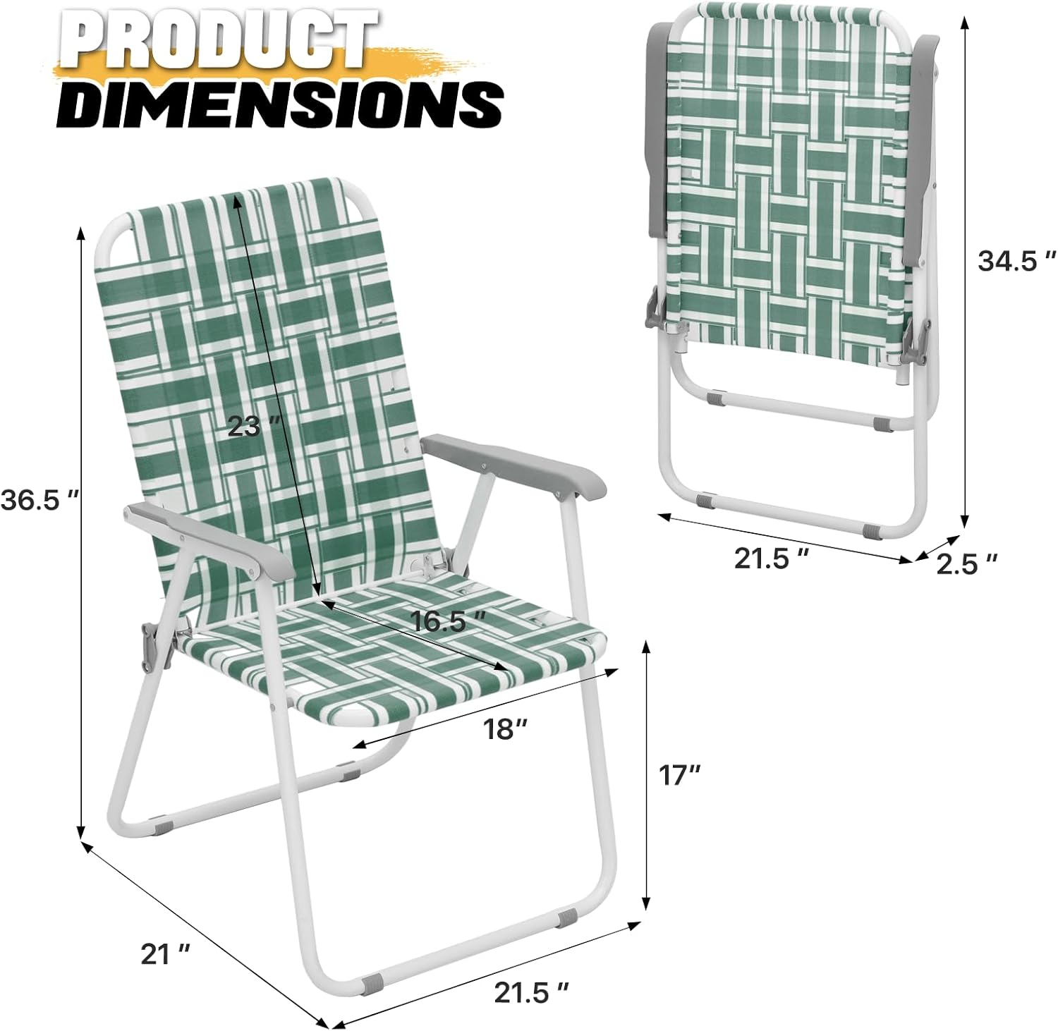 MoNiBloom Folding Webbed Beach Chairs Set of 2, Portable Camping Woven Seats with Armrests, for Outdoor Patio Lawn, Dark Green