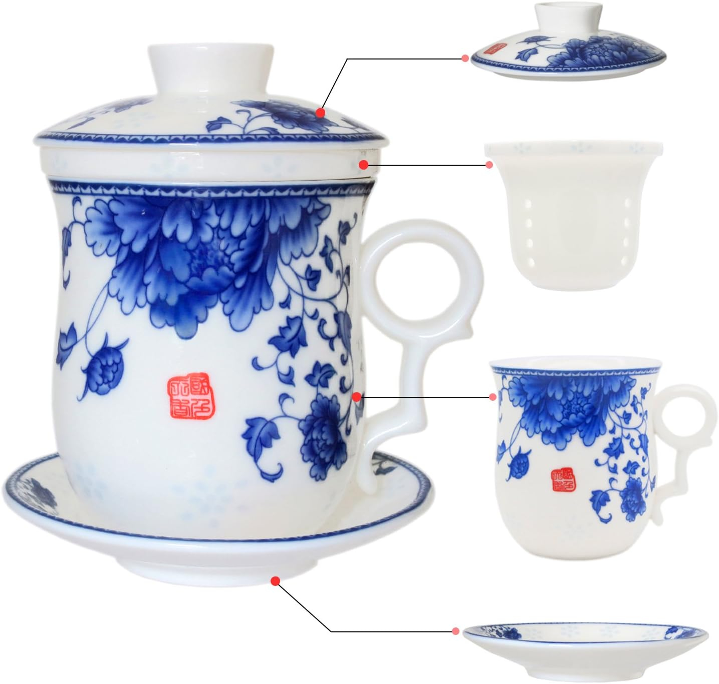 Porcelain Tea Cup with Infuser Lid and Saucer Sets - Chinese Jingdezhen Ceramics Coffee Mug Teacup Loose Leaf Tea Brewing System for Home Office