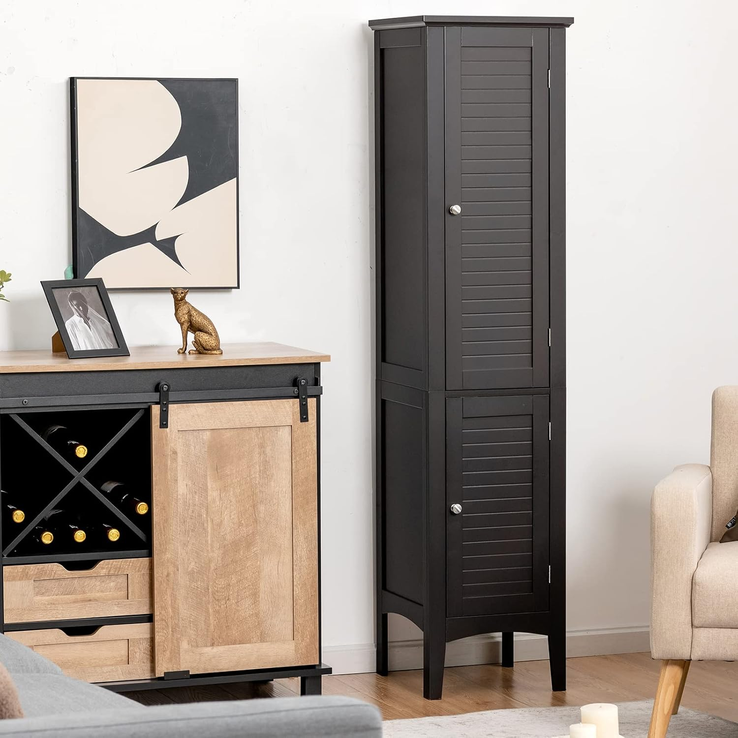 5 Tier  Freestanding Tower Cabinet Tall Bathroom Storage Cabinet Black