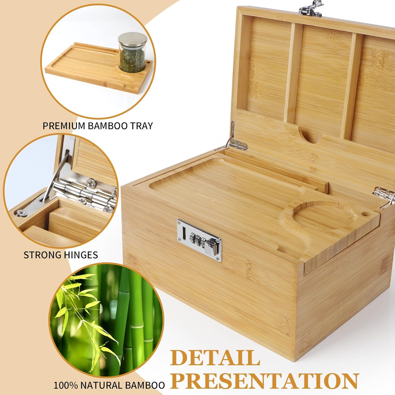 Large Bamboo Box with Combination Lock, Decorative Storage Box with Detachable Compartment, Wooden Boxes with Alright Jars & Brushes as Great Gift Choice.