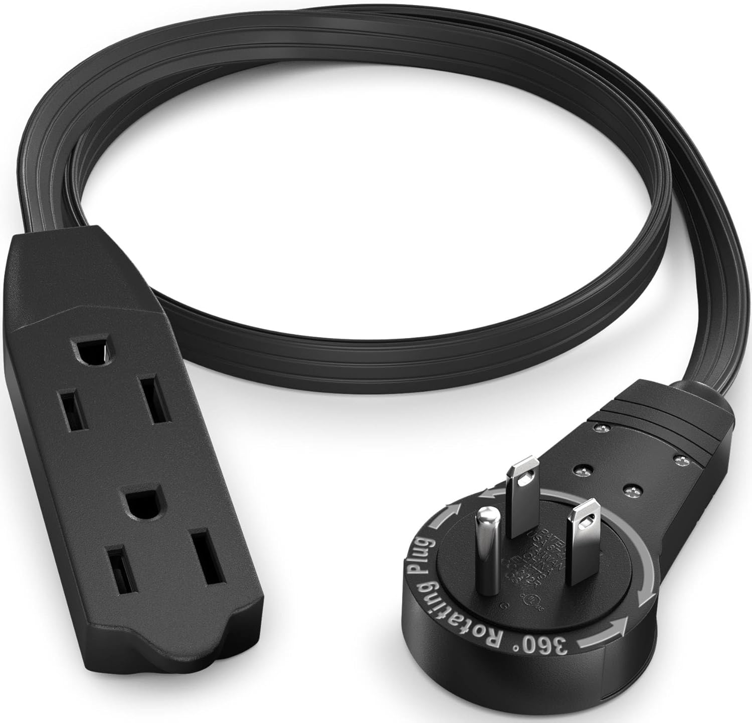 Maximm 1 ft. 16/3 Flat Extension Cord 360 Rotating Plug 3-Outlet 13A, 1625W, UL Certified, Black