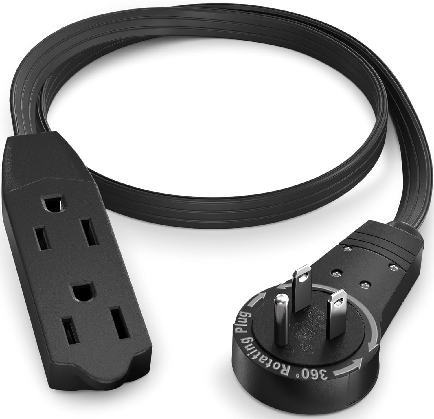 Maximm 1 ft. 16/3 Flat Extension Cord 360 Rotating Plug 3-Outlet 13A, 1625W, UL Certified, Black