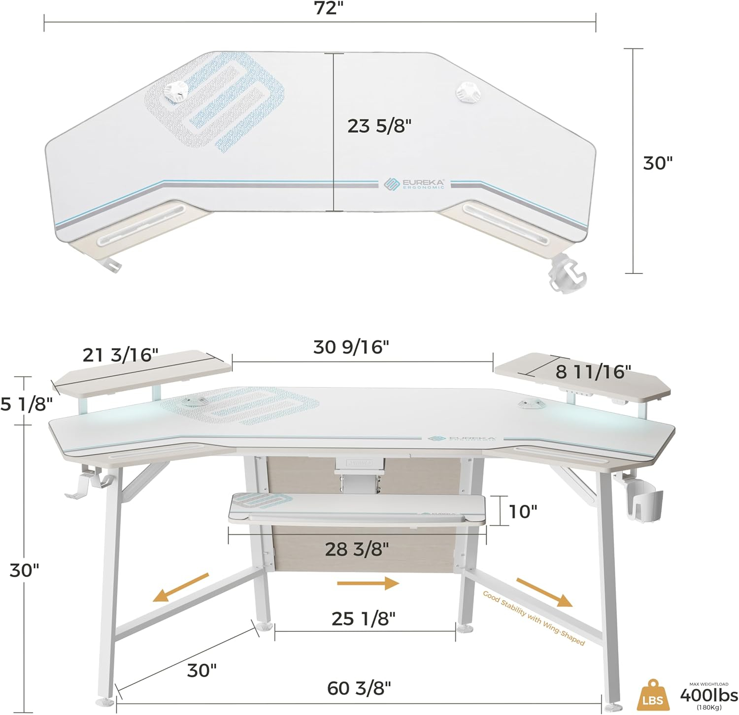 EUREKA ERGONOMIC 72" Computer Desk W Keyboard Tray, Wing-Shaped Music Studio Desk, Large Gaming Desk W LED Convertible Monitor Stand Dual Headphone Hanger for Recording Live Streamer,Maple
