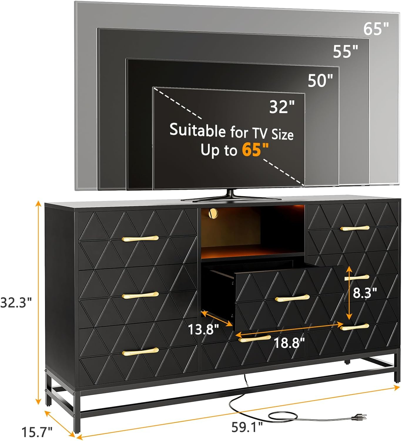8 Deep Drawer Black Dresser for Bedroom with Charging Station and LED Lights, 59" TV Dresser Wooden Large Long Dresser, Modern Chest of Drawers Storage Organizer for Closet, Living Room