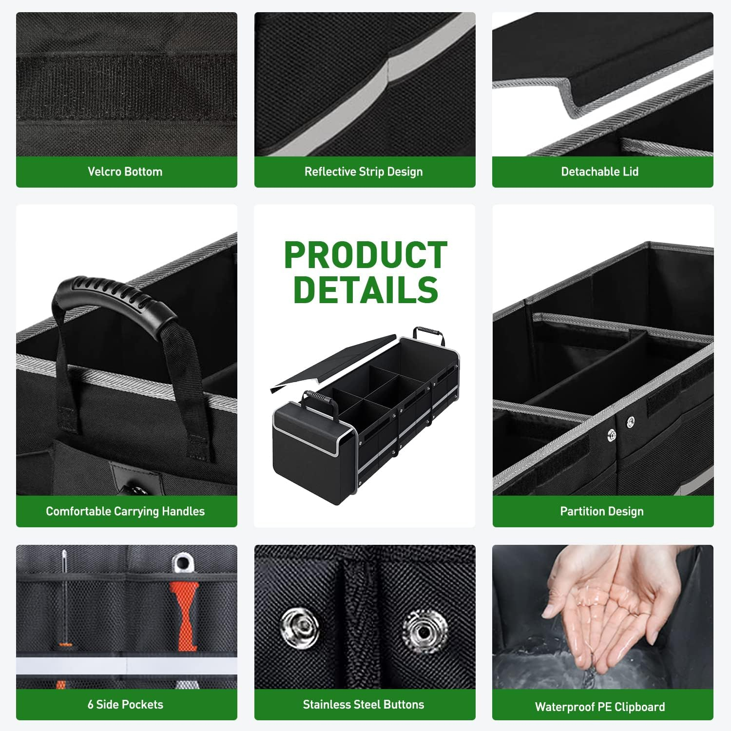 Car Trunk Organizer,115L Heavy Duty Collapsible Trunk Storage, with Insulated Leakproof Cooler Bag Vehicle Cargo Organizer with Lid, 3 Compartments, Straps For Car,Suv,Jeep,Sedan-Black