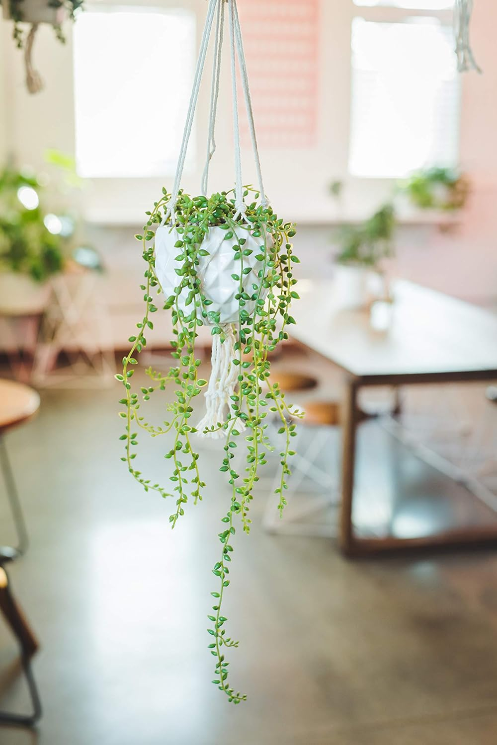 32 in. Artificial String of Pearls in Macrame Hanging Ceramic Planter