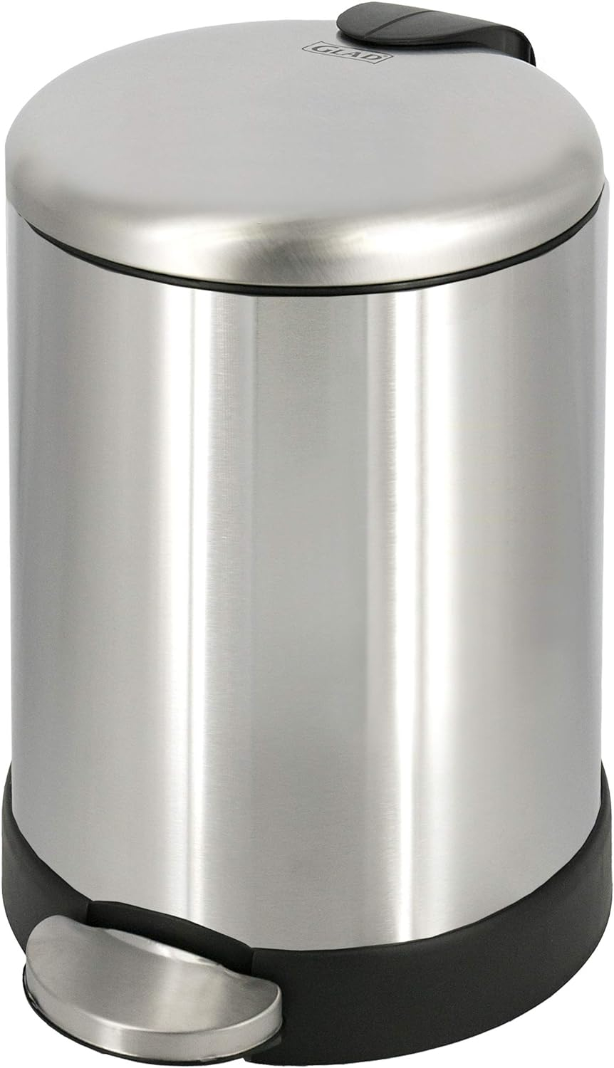 Glad Small Trash Can, 1.2 Gallon | Round Stainless Steel Garbage Bin with Soft Close Lid & Step Foot Pedal | Metal Waste Basket with Removable Inner Bucket, Stainless