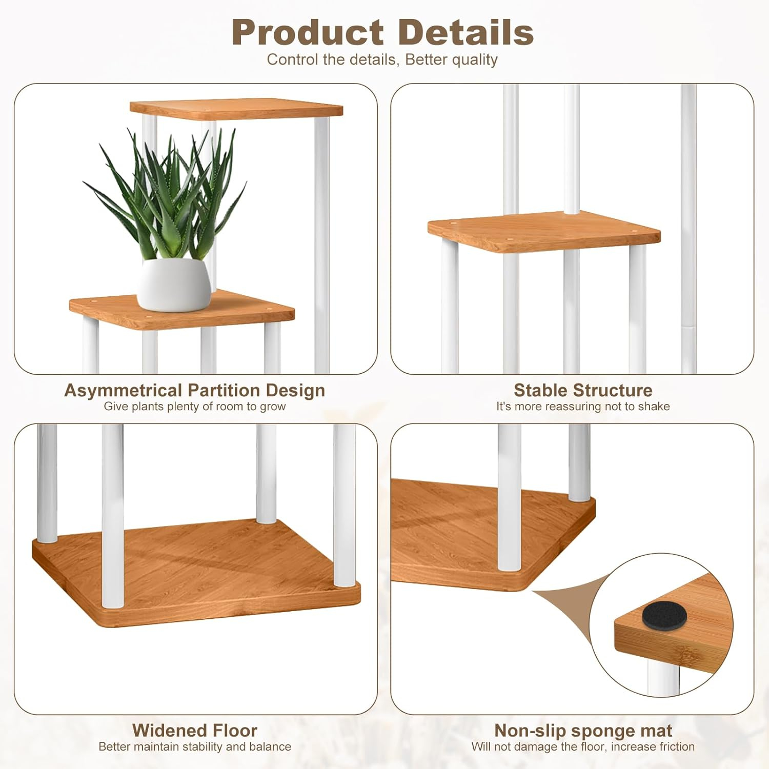 5 Tier Wood Tall Plant Stand Metal Rack Indoor, Multiple Flower Pot Holder Shelves Corner Rack, Planter Shelf Display Rack Storage Organizer for Patio Living Room Balcony Garden(White)