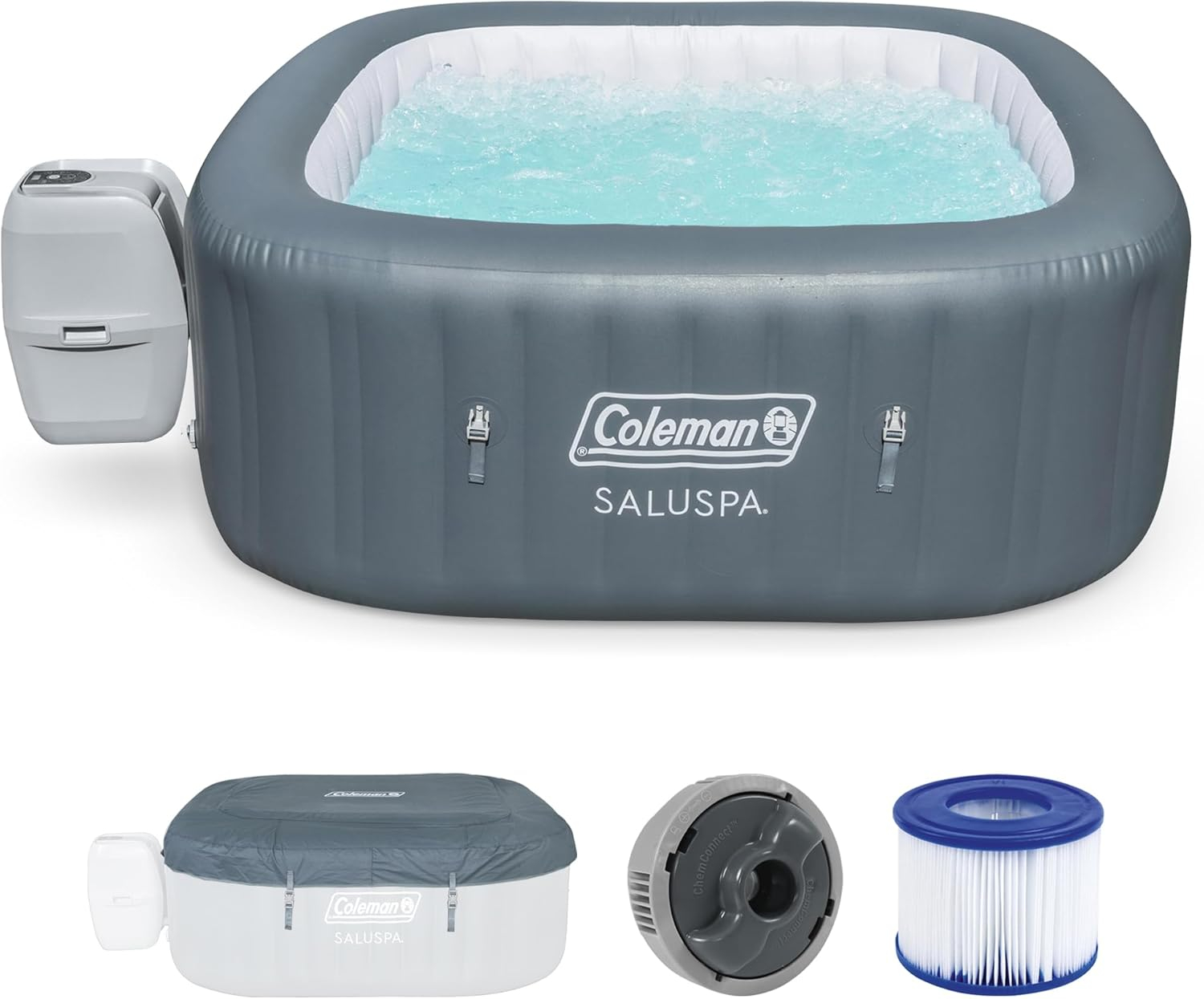 Coleman SaluSpa AirJet 4 to 6 Person Inflatable Hot Tub Square Portable Outdoor Spa with 114 Soothing AirJets and Insulated Cover, Gray