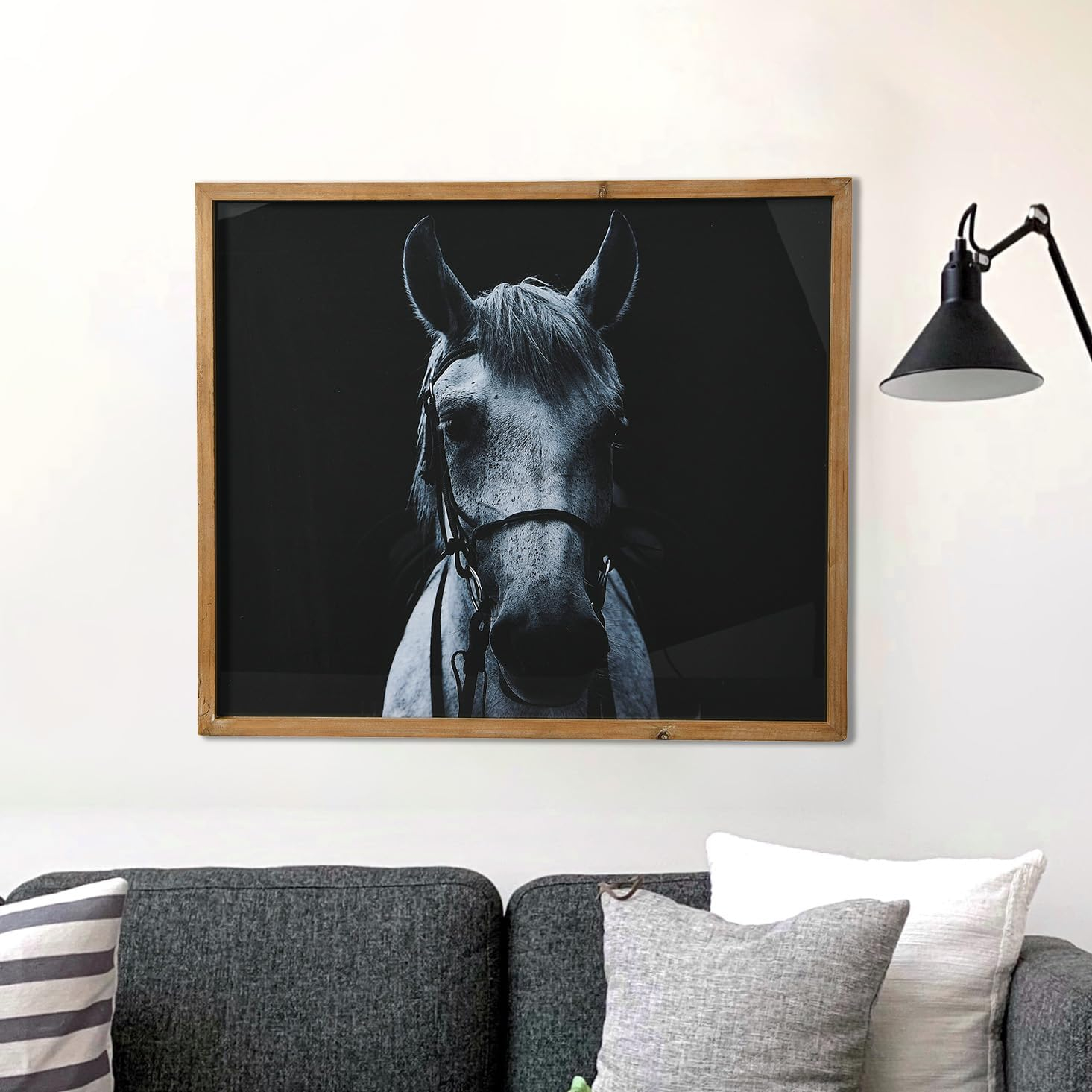 Creative Co-Op Black and White Equestrian Print with Wood Frame and Glass Cover