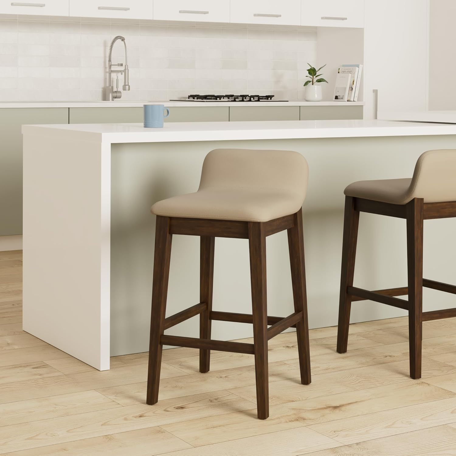 Set of 2 Atia Dark Brown Rubberwood Bar Heigh Barstool with Low Back Fabric Seat