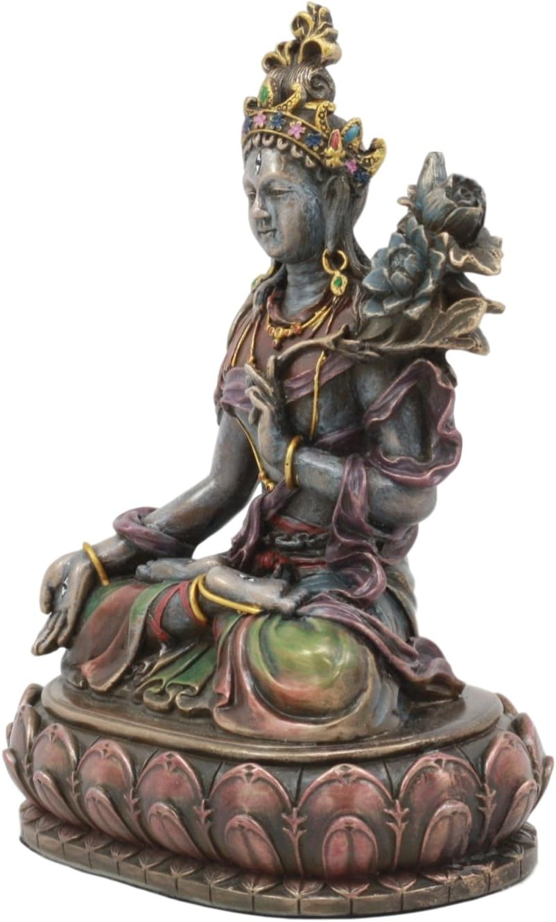 Ebros Bodhisattva White Tara Statue Goddess of Compassion and Healing Meditating On Lotus Seat Throne Buddha Sculpture Eastern Enlightenment Buddhism Figurine