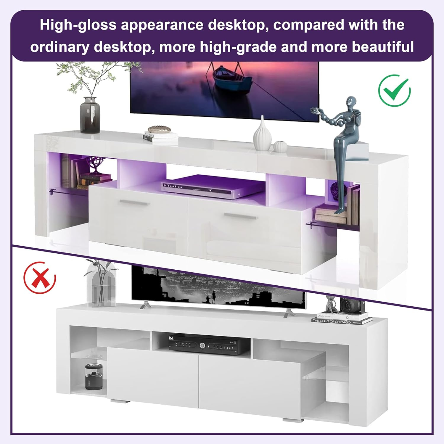 Clikuutory Modern LED 63 inch Long TV Stand with Large Storage Drawer for 50 55 60 65 70 75 Inch TVs, White Wood TV Console with High Glossy Entertainment Center for Living Room, Bedroom, White