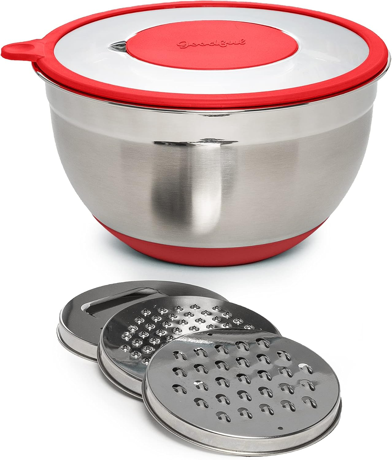 Goodful Stainless Steel Mixing Bowl with Non-Slip Bottom, Lid and 3 Interchangeable Grater Inserts (Fine, Coarse, Slicing), 5 Quart, Red
