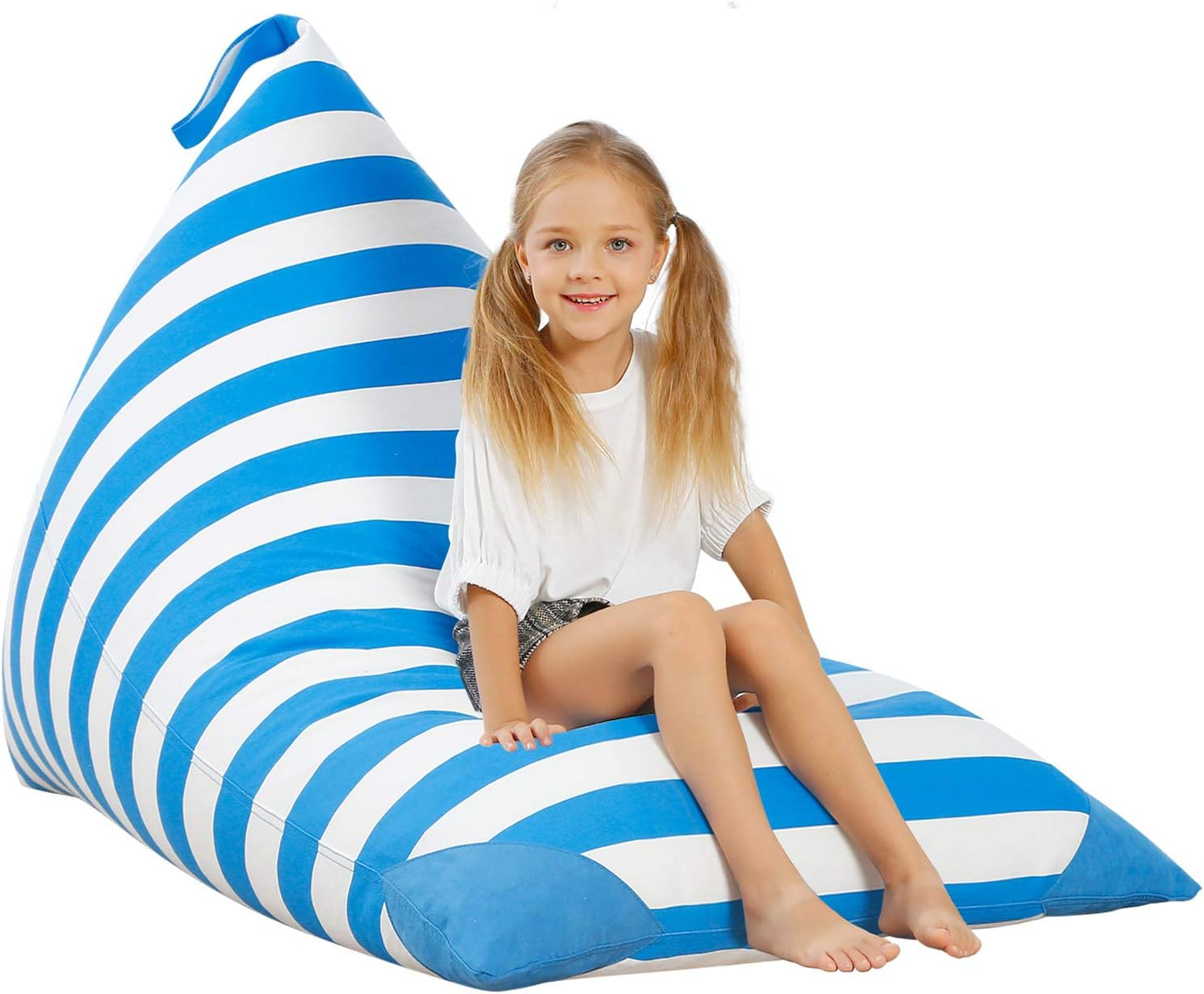 Aubliss Stuffed Animal Storage Bean Bag Chairs Cover, 50"x 35" Extra Large Bean Bags Chair for Kids & Adults, Beanbag Toy Storage for Boys Girls - Premium Cotton Canvas Blue Stripe