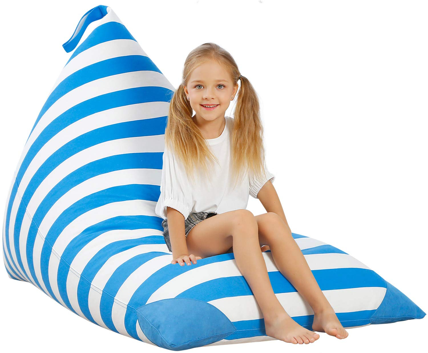 Aubliss Stuffed Animal Storage Bean Bag Chairs Cover, 50"x 35" Extra Large Bean Bags Chair for Kids & Adults, Beanbag Toy Storage for Boys Girls - Premium Cotton Canvas Blue Stripe