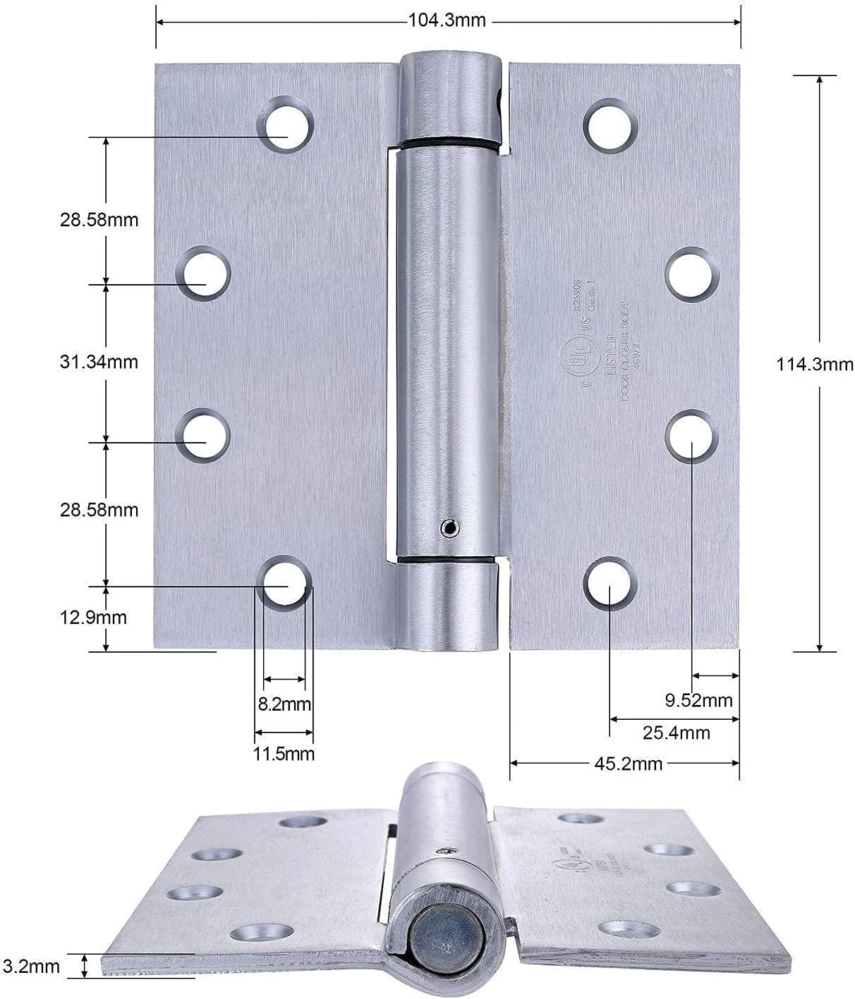 2 Pack - 4.5"x4.5" Brushed Satin Chrome Finish Self Closing Reversible Door Hinge - Heavy Duty Commercial Spring Door Hinge - UL Listed with Complete Installation Hardware