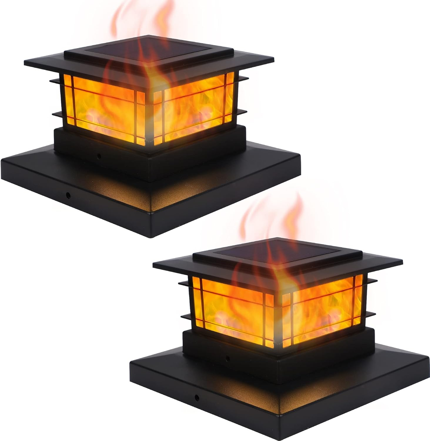 Dynaming 2 Pack Solar Flame Post Lights Outdoor, Solar Powered Fence Post Cap Lights, High Brightness Flickering Flame SMD LED Lighting Decor for Garden Deck Patio, 4x4, 5x5 or 6x6 Vinyl/Wooden Posts