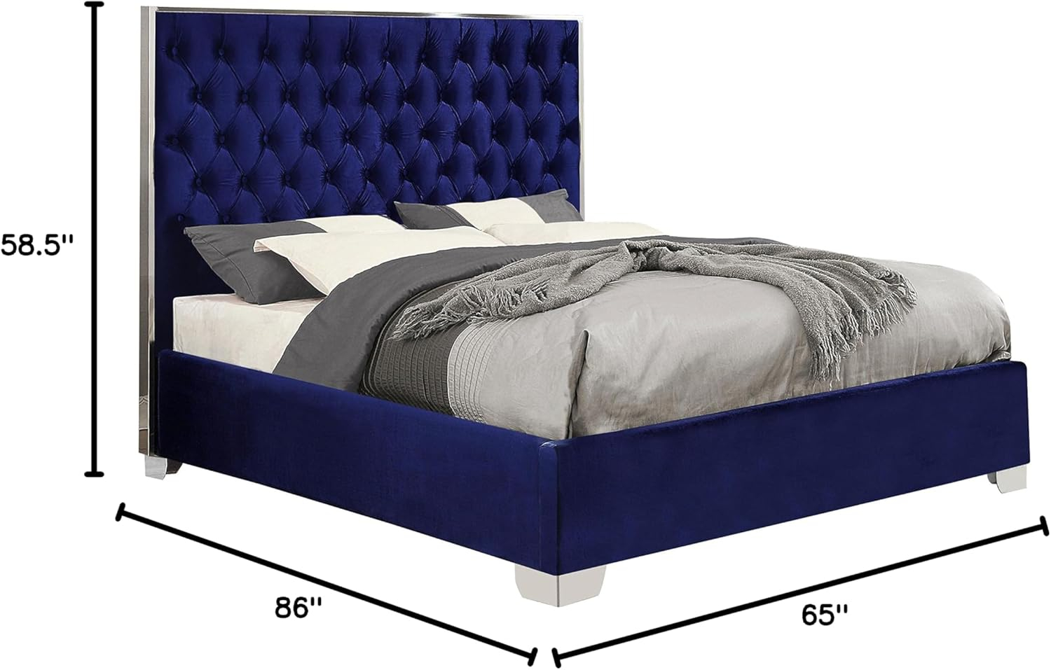 Meridian Furniture Lexi Collection Modern | Contemporary Velvet Upholstered Bed with Deep Tufting, Polished Chrome Stainless Steel Frame and Legs, Queen, Navy