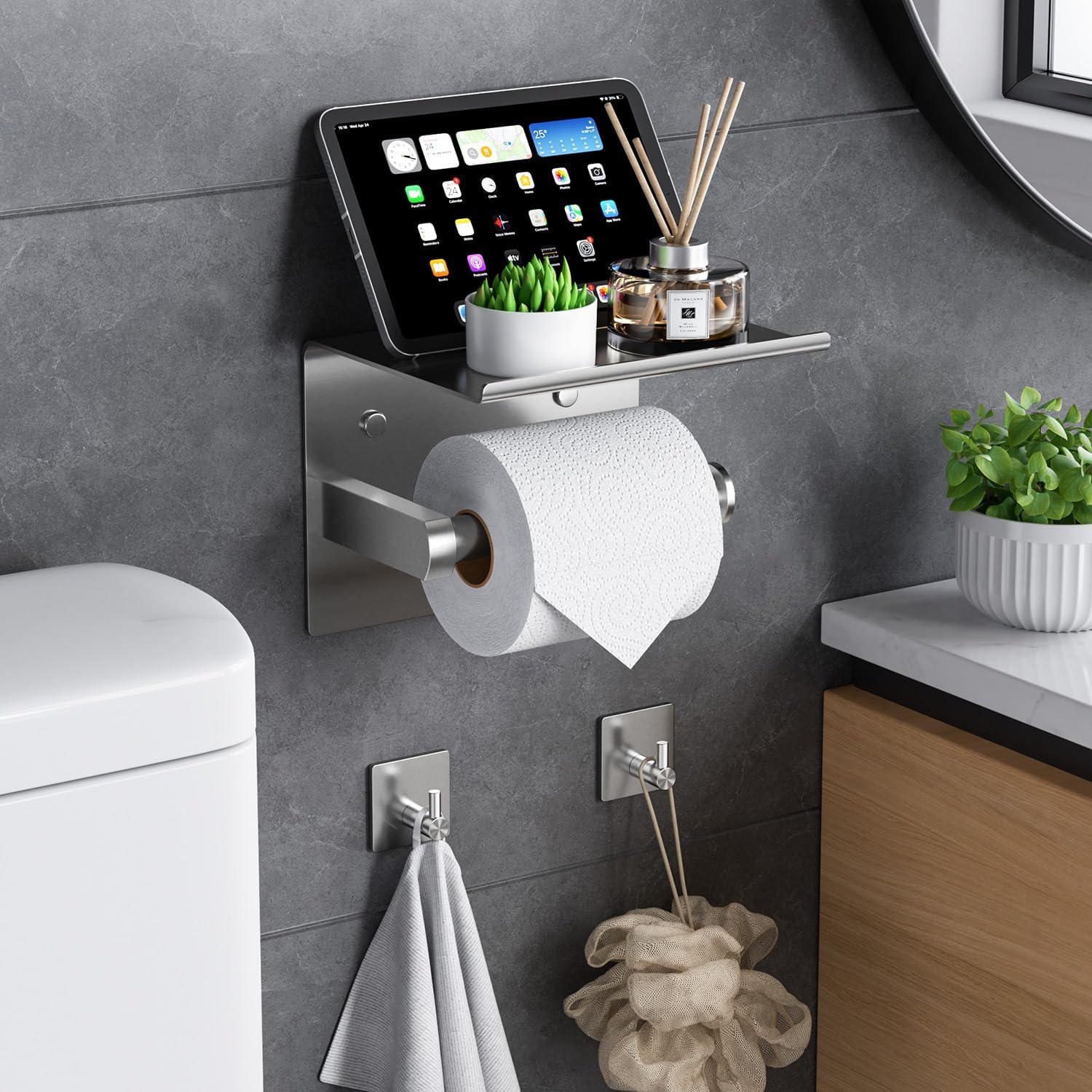 Tindbea Mega Size Toilet Paper Holder with Shelf + Towel Robe Hooks, Adhesive or Screw Wall Mounted Toilet Paper Roll Holder, Stainless Steel Bathroom Hardware Set (Brushed Nickel)