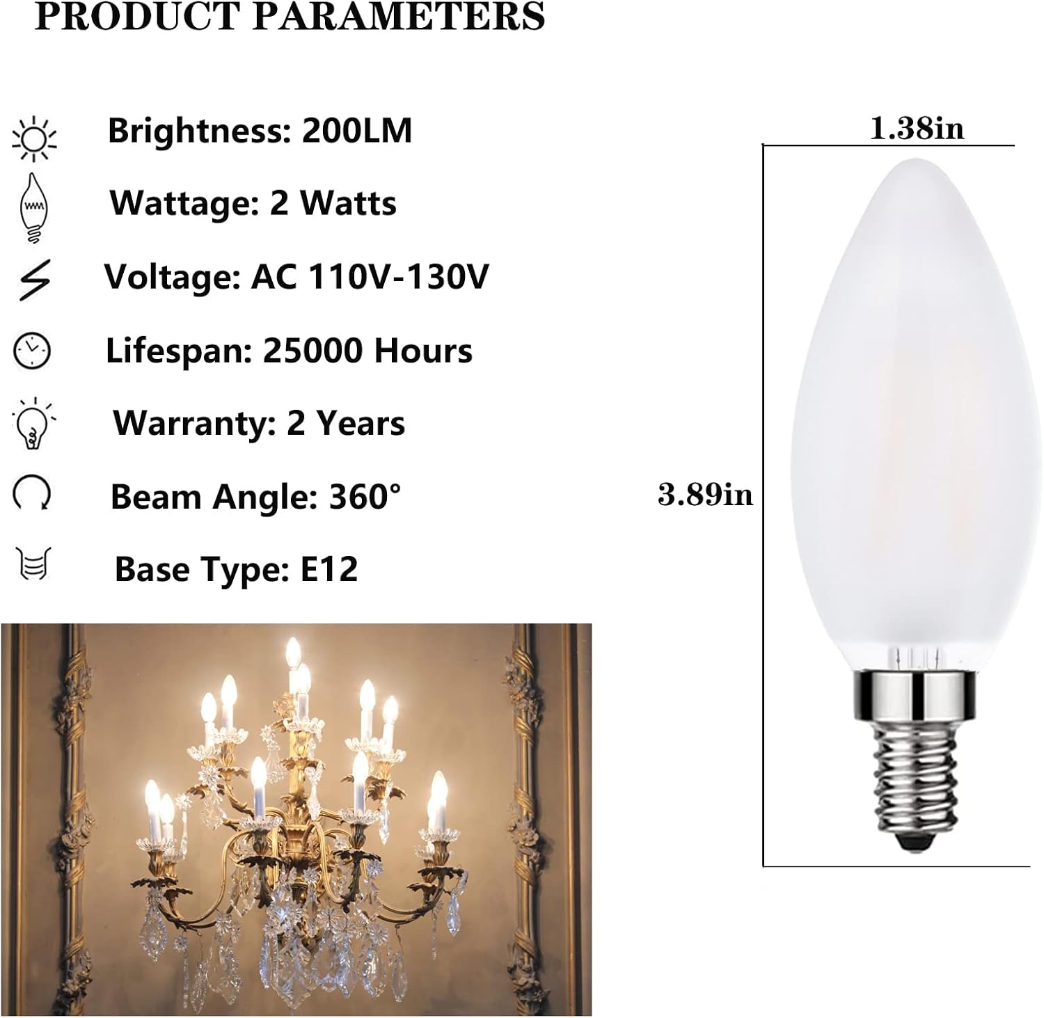 Frosted LED Candelabra Bulbs E12 LED Bulbs 25watt Equivalent, 2W Dimmable B11 Vintage Chandelier Light Bulbs Warm White 2700K Frosted Glass Decorative Candle Bulb, 12 Pack