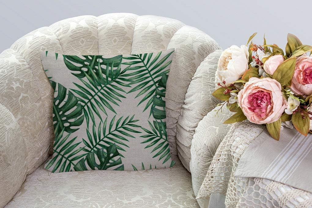 SSOIU Farmhouse Decorative Throw Pillow Cover Watercolor Tropical Palm Leaves Green Leaf Decoration Home Decor Cotton Linen Cushion Case for Sofa Couch, 18" x 18"