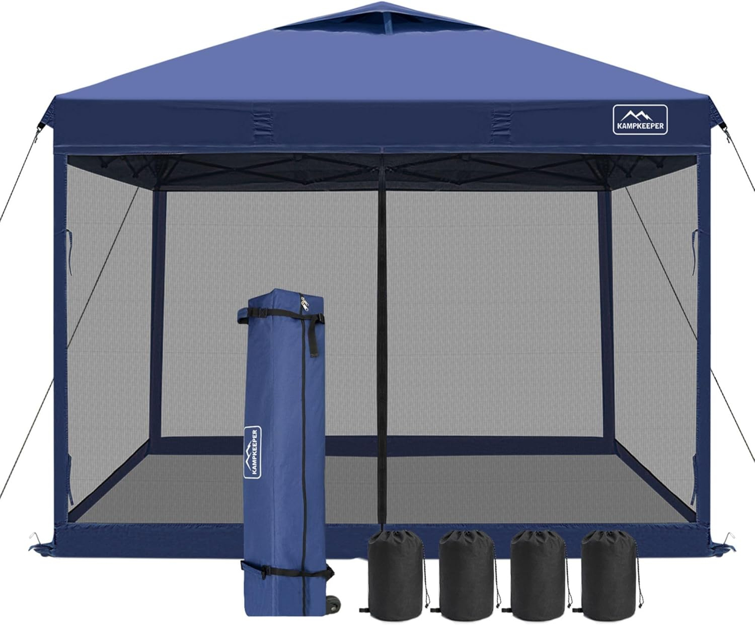 KAMPKEEPER 10x10 Pop Up Canopy Tent with Mosquito Netting - Waterproof Screen Shelter for Sun Shade, Camping, Beach and Outdoor Events, Navy Blue