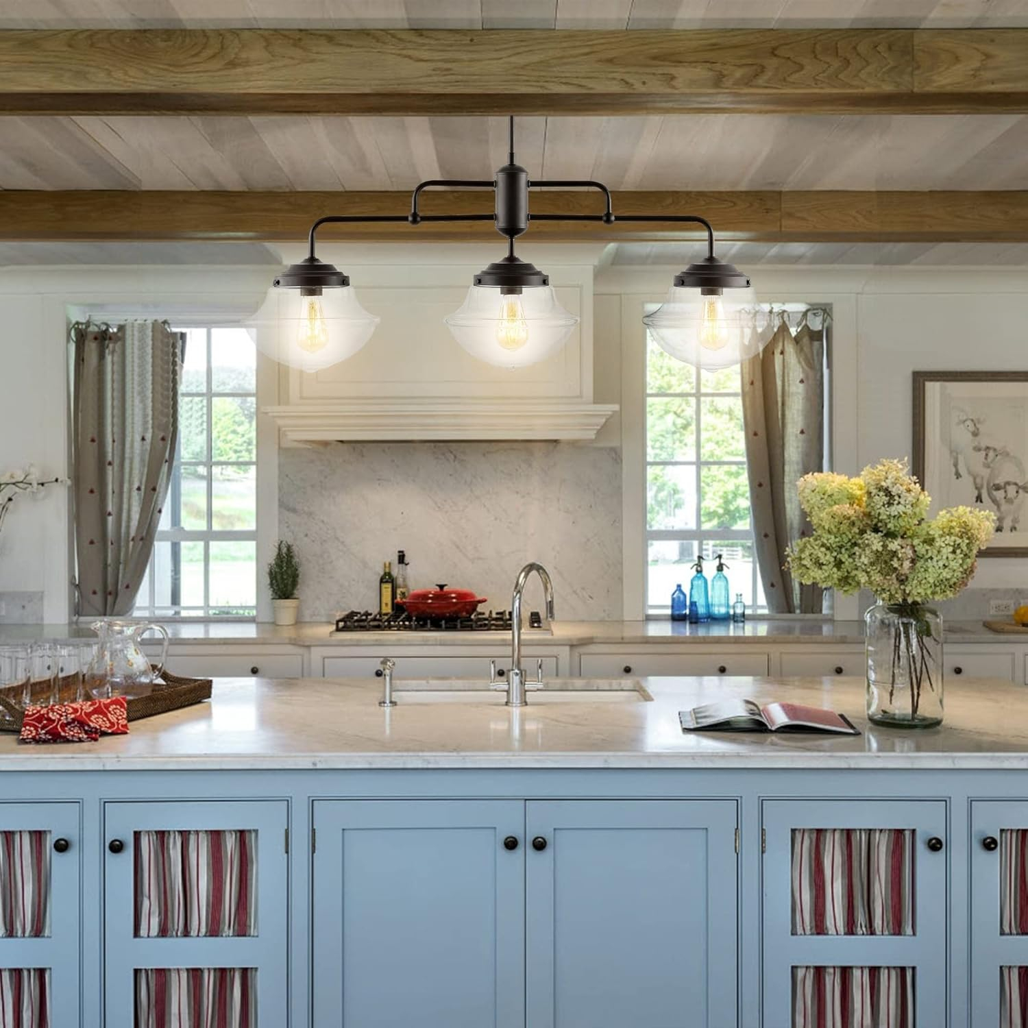 Avery 37.5" 3-Light Industrial Farmhouse Rustic Iron/Glass Linear LED Pendant, Oil Rubbed Bronze/Clear