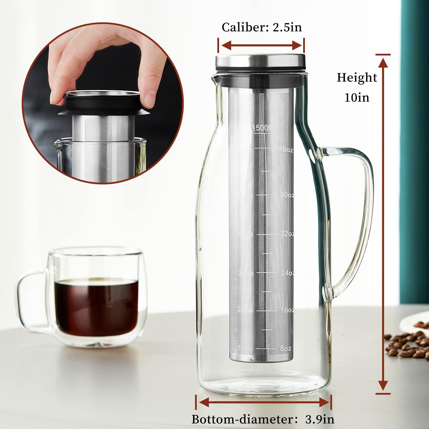 Cold Brew Coffee Maker 1.5L/51oz – Borosilicate Glass Pitcher with Stainless Steel Filter & Lid, Airtight BPA-Free Cold Brew Carafe for Iced Coffee or Tea, Dishwasher Safe & Fridge Friendly