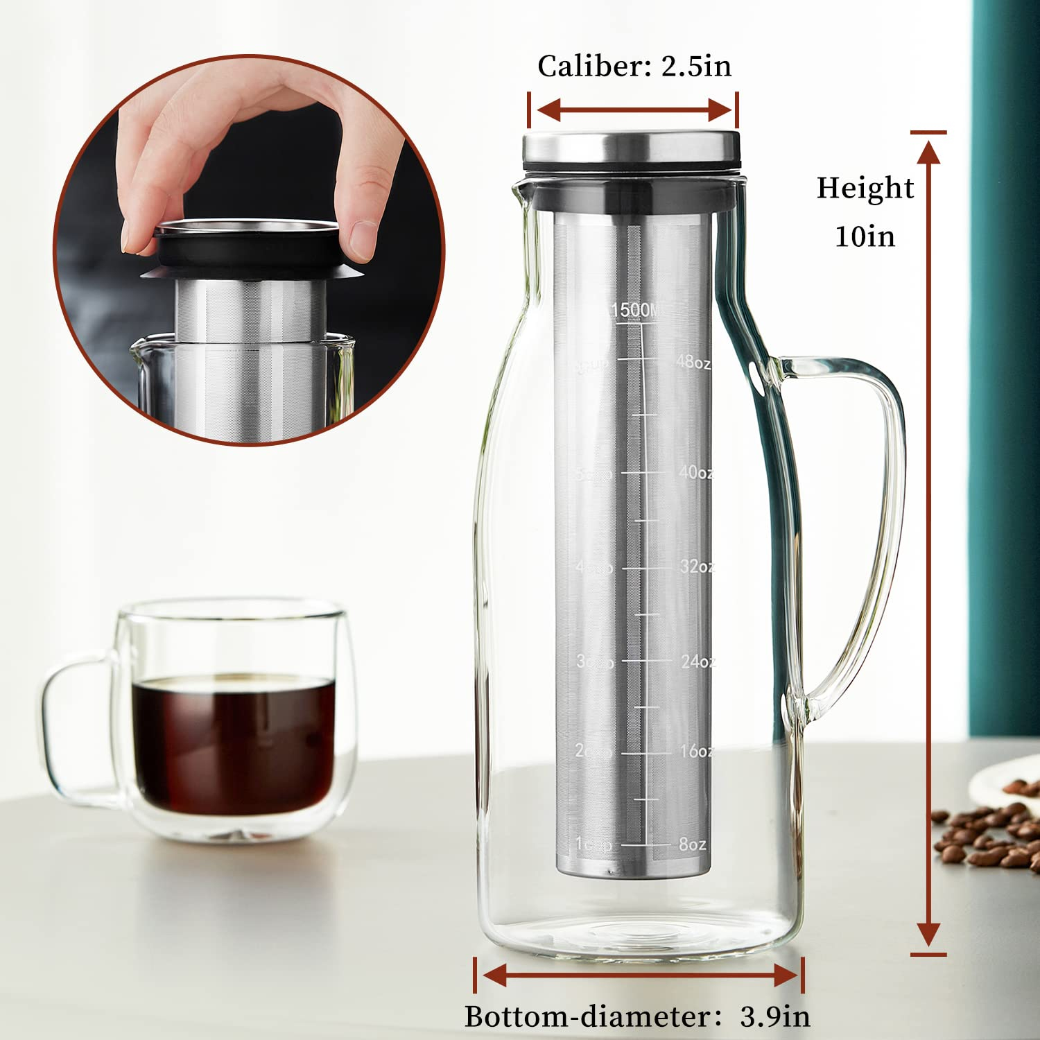 Cold Brew Coffee Maker 1.5L/51oz – Borosilicate Glass Pitcher with Stainless Steel Filter & Lid, Airtight BPA-Free Cold Brew Carafe for Iced Coffee or Tea, Dishwasher Safe & Fridge Friendly