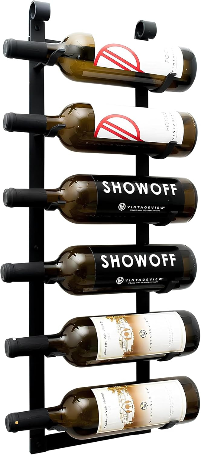VintageView Le Rustique 6 Bottle Wall Mounted Wine Rack Stylish Modern Wine Storage with Label Forward Design (Matte Black, Set of 1)
