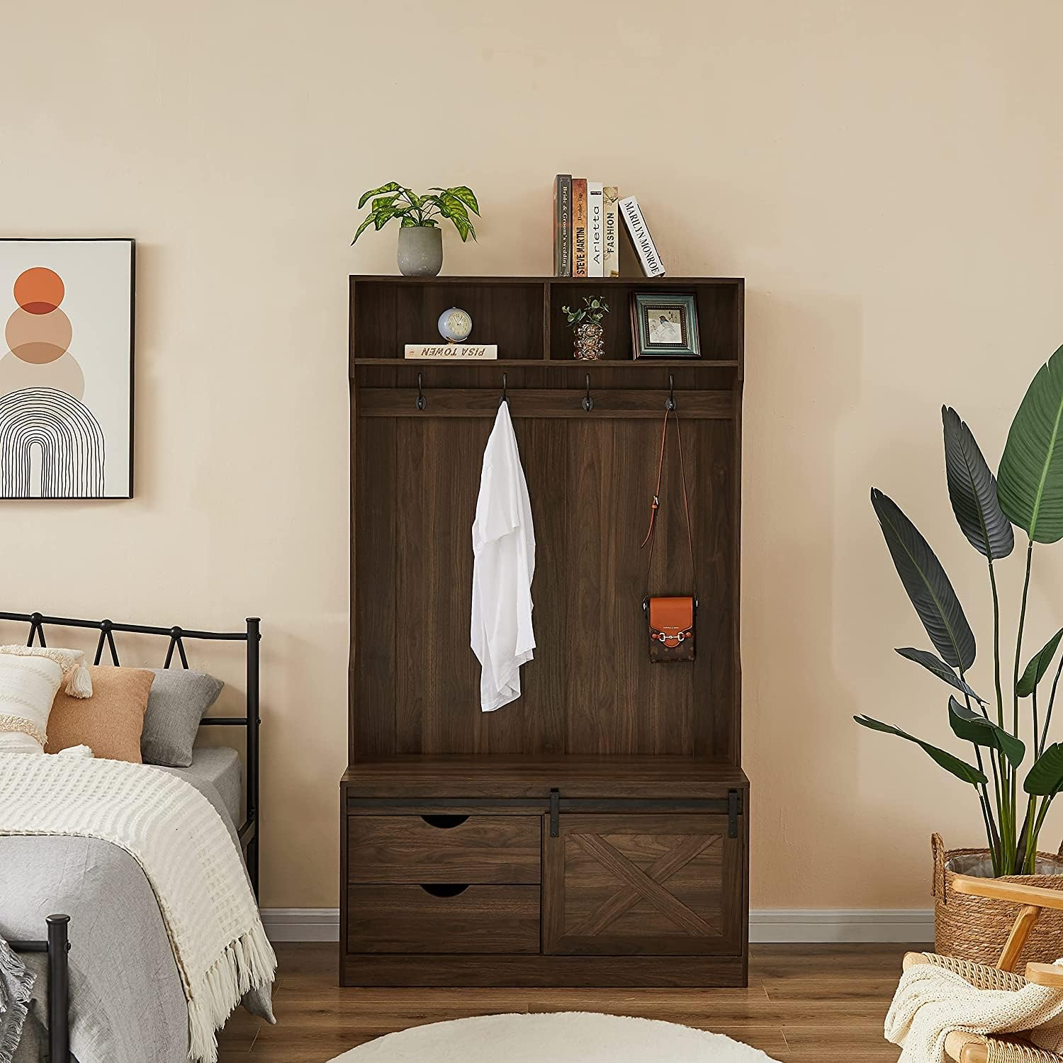 Betoko Hall Trees with Bench and Coat Racks, Farmhouse 71 Inch Entryway Bench with Sliding Barn Door, Wood Coat Tree Mudroom Storage Benches with Drawers (Walnut)